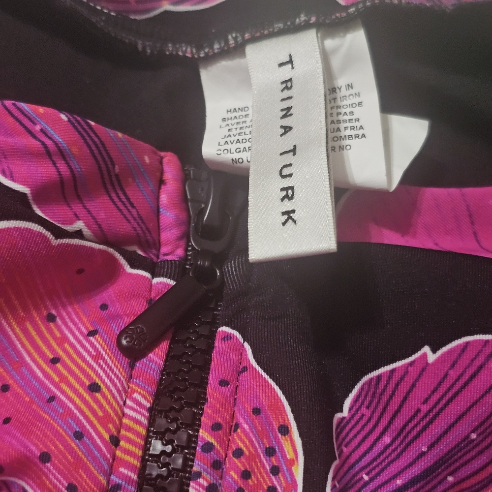 Trina Turk Fleury Pink and Black Floral Long Sleeve Swimsuit XL - Picture 3 of 6